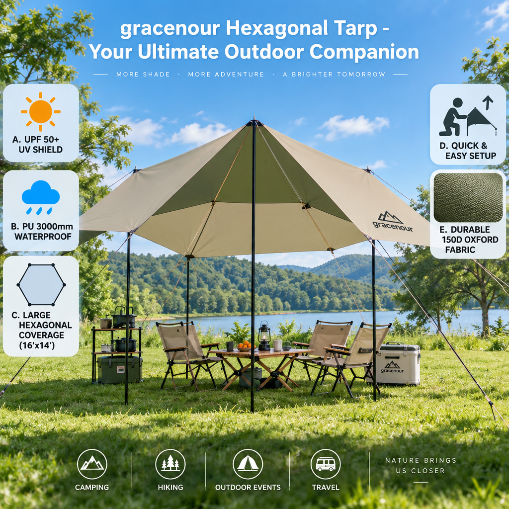 gracenour™ Professional Hexagonal Camping Tarp - Ultra-Lightweight Waterproof Sun Shelter